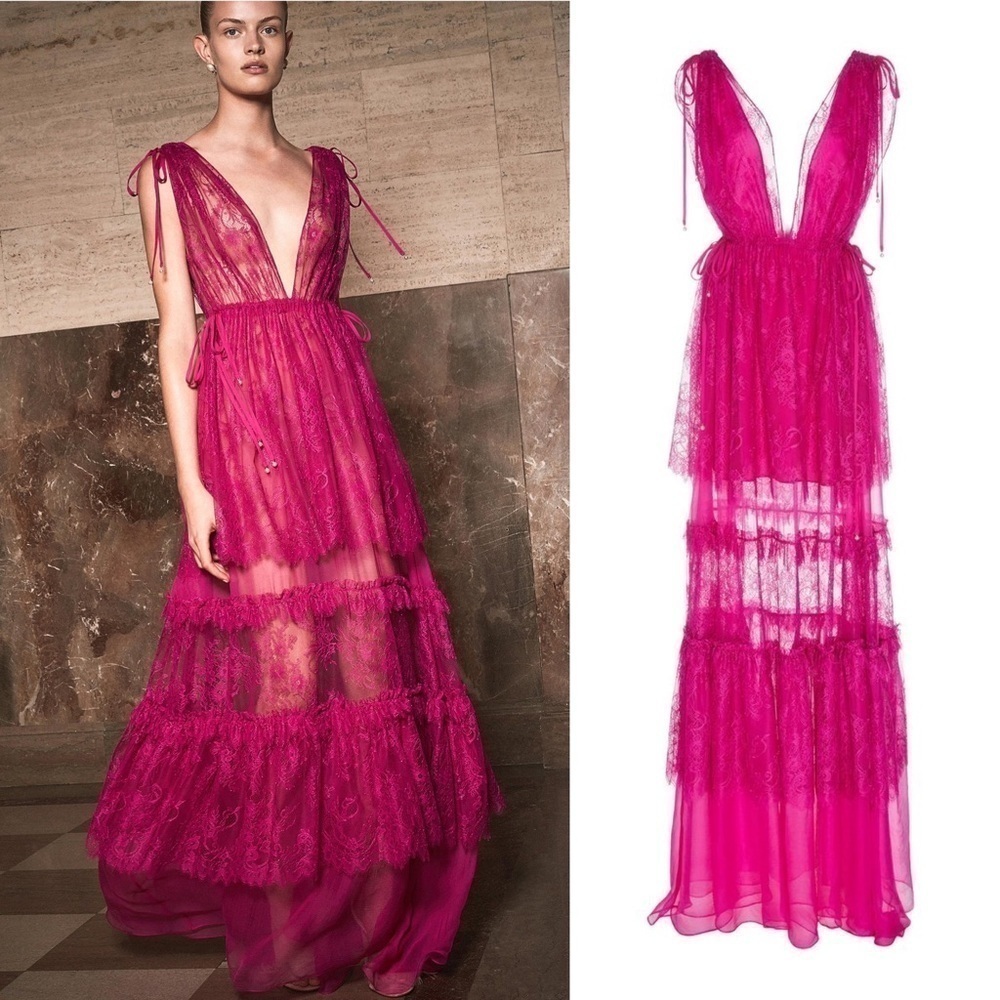 Alexis Dress Umbria Tiered Lace Tulle‎ Silk Maxi Wedding Pink Fuchsia XS GUC